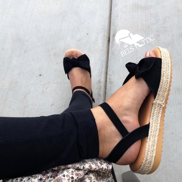 Shoes - Black open Toe Bow Espadrille Flatform Sandals